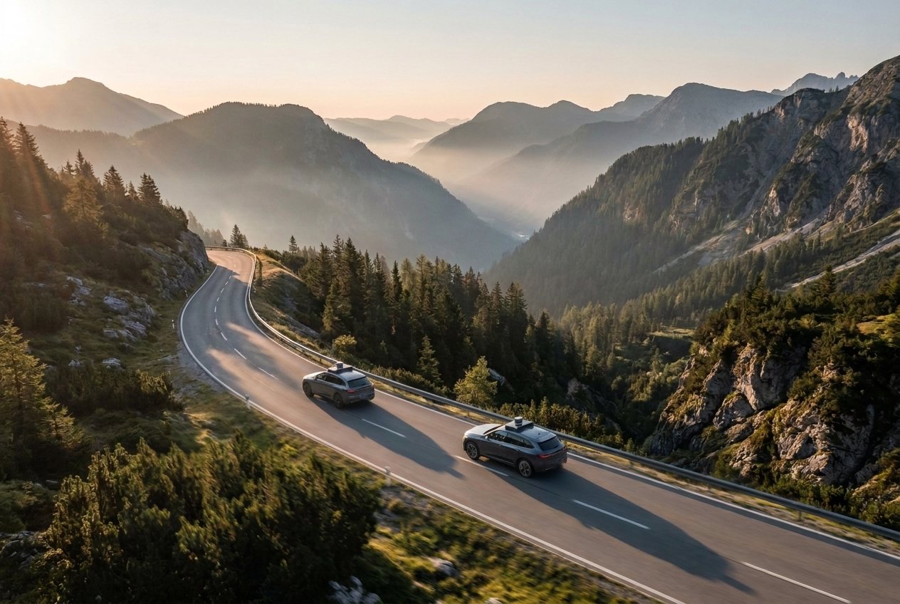 Due veicoli di test con sensori sul tetto su una strada di montagna all'alba