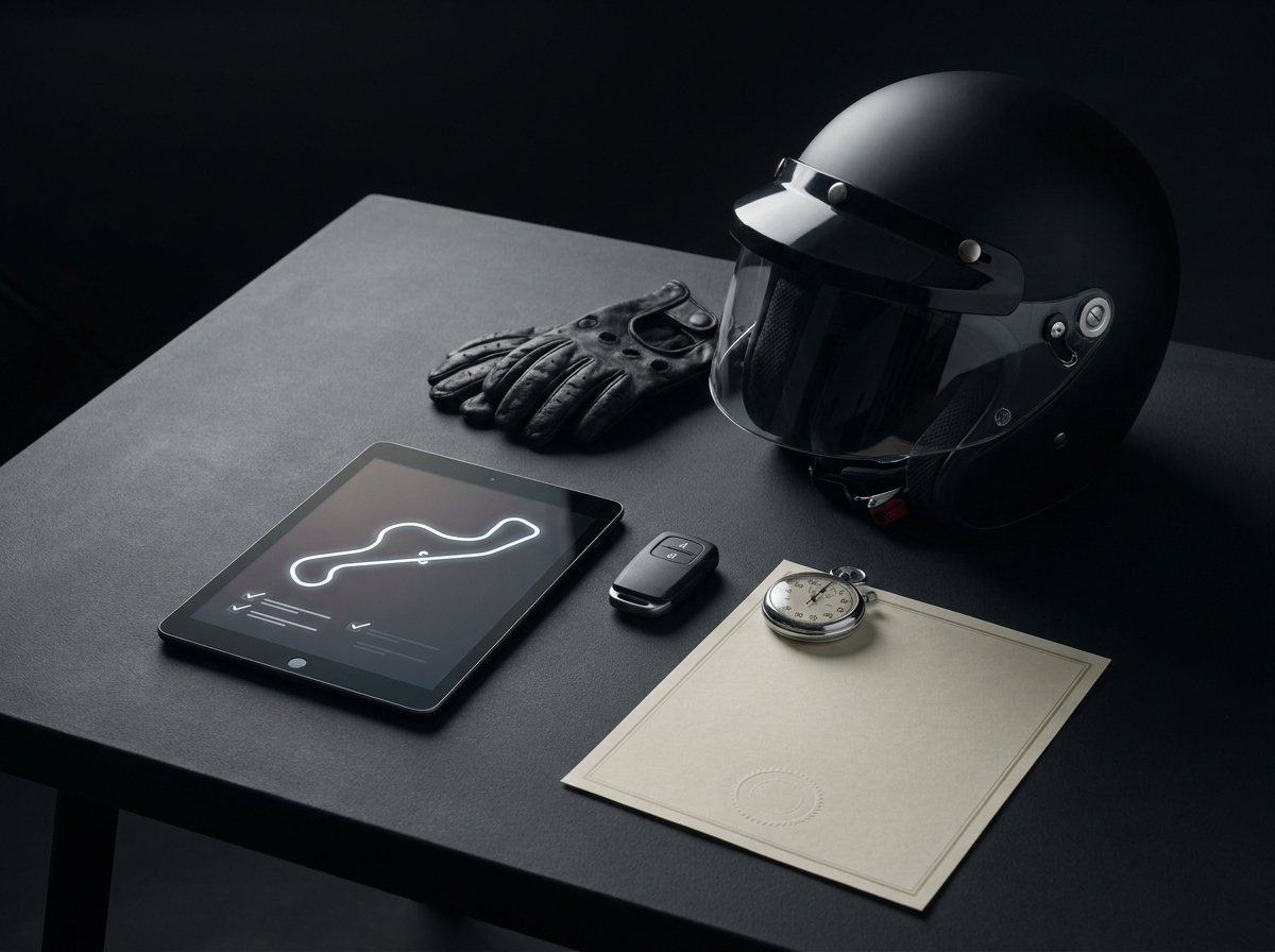 Casco, guanti da guida, tablet con il tracciato, cronometro e attestato su un tavolo scuro