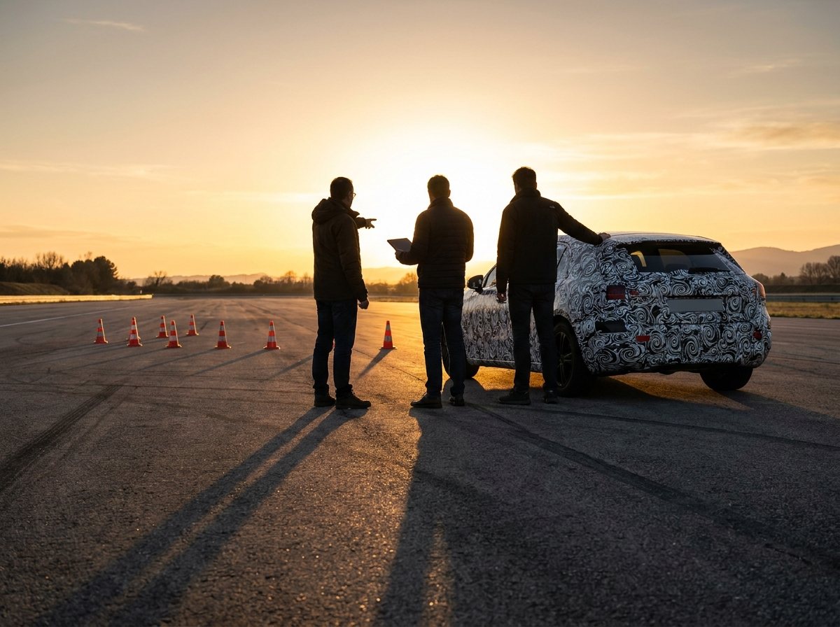 Tre istruttori in controluce accanto a un prototipo camuffato in pista al tramonto
